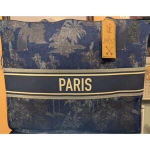 TWIG & ARROW Tote Bag Womens Blue PARIS Denim Tropical Print Canvas NEW